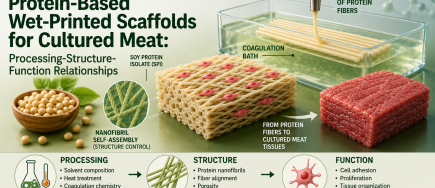 This image describes the development of protein-based wet-printed scaffolds for cultured meat - the relationship between processing, structure, function. It shows the nanofibril self-assembly, the soy-protein isolate, the coagulation bath, and the wet printing of protein fibers. Sustainable edible scaffolds advance the future of cultured meat.